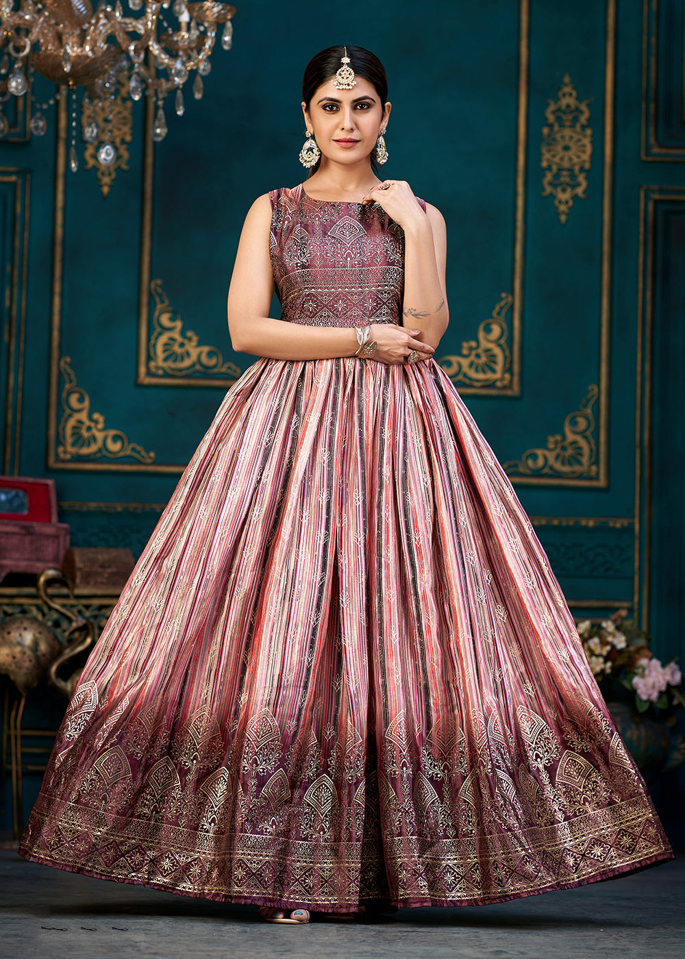Buy Now Pretty Multicolor Digital Foil Printed Ready to Wear Gown Online in USA, UK, Australia, New Zealand, Canada & Worldwide at Empress Clothing.