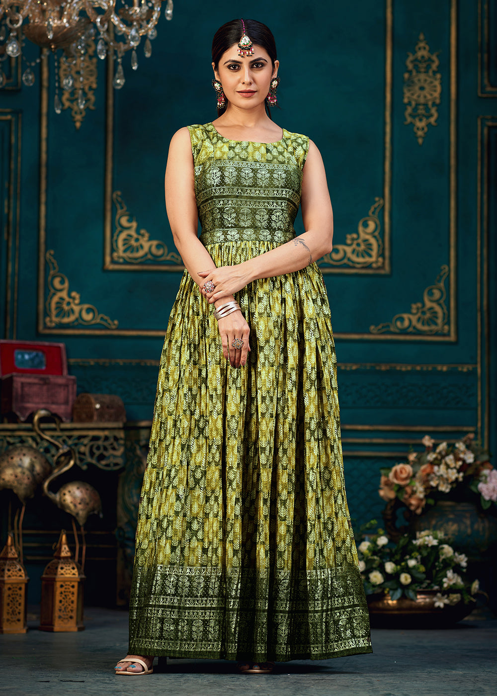 Buy Now Pleasing Green Digital Foil Printed Ready to Wear Gown Online in USA, UK, Australia, New Zealand, Canada & Worldwide at Empress Clothing. 