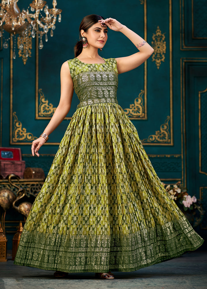 Buy Now Pleasing Green Digital Foil Printed Ready to Wear Gown Online in USA, UK, Australia, New Zealand, Canada & Worldwide at Empress Clothing. 