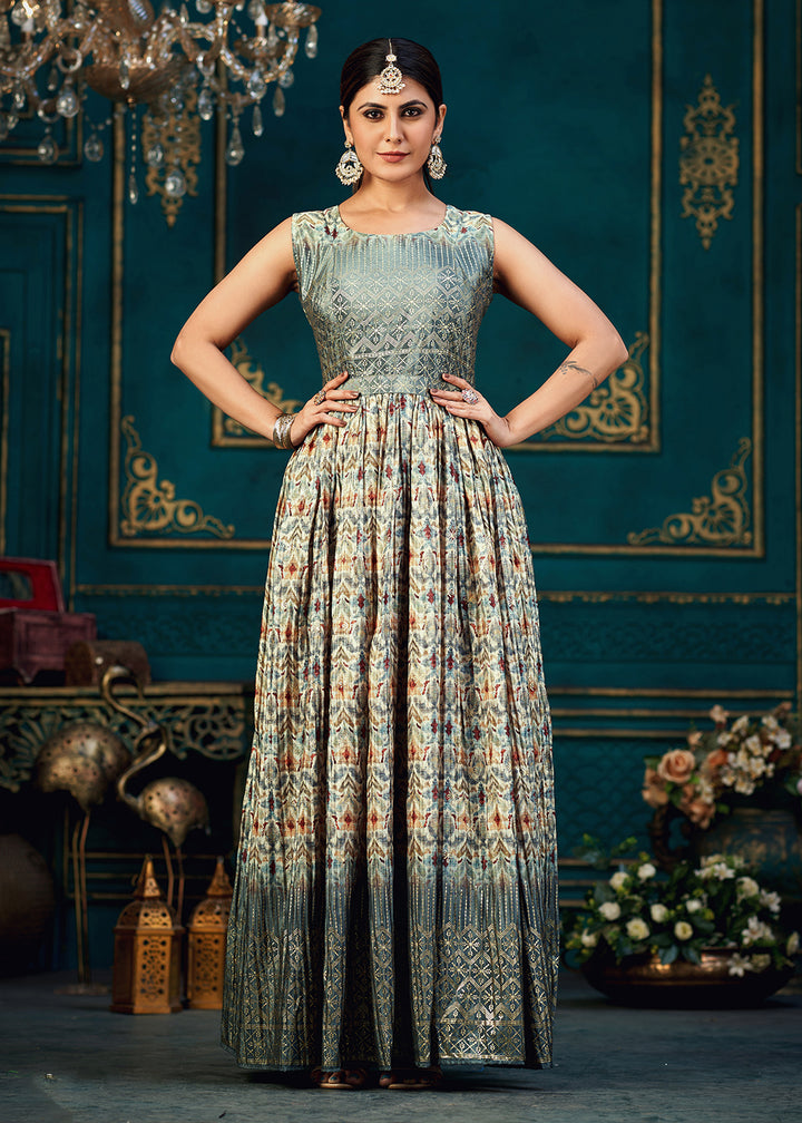 Buy Now Zesty Multicolor Digital Foil Printed Ready to Wear Gown Online in USA, UK, Australia, New Zealand, Canada & Worldwide at Empress Clothing. 