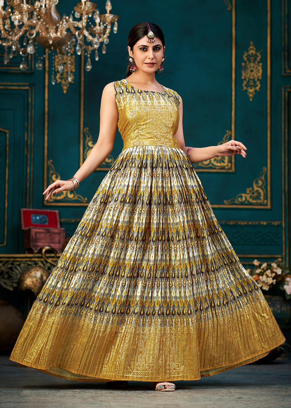 Buy Now Yellow Multicolor Digital Foil Printed Ready to Wear Gown Online in USA, UK, Australia, New Zealand, Canada & Worldwide at Empress Clothing.