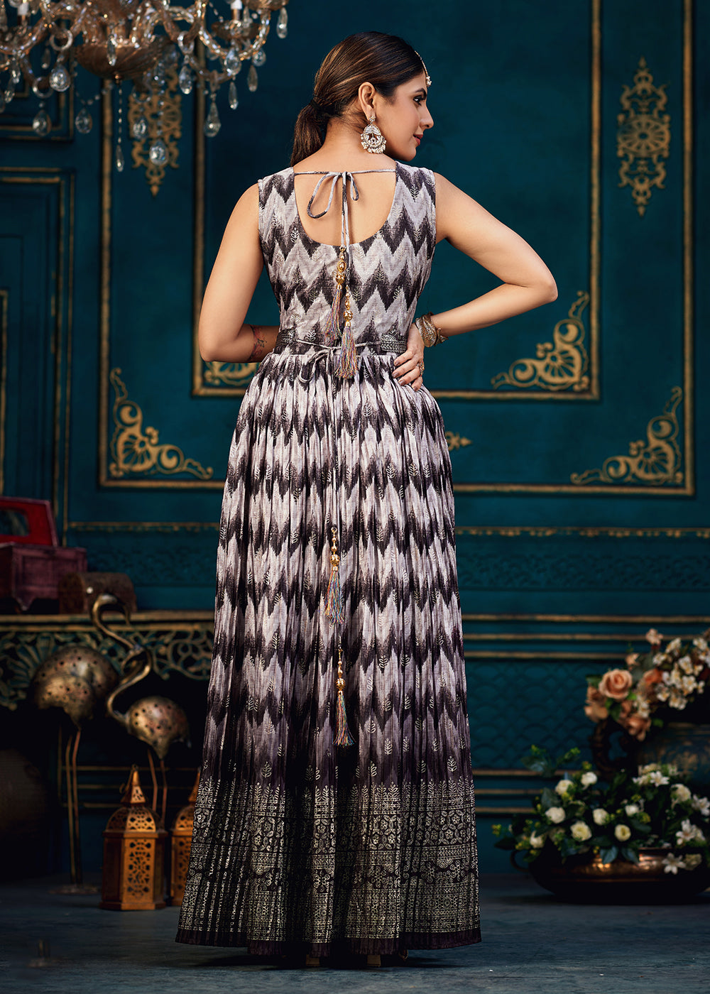 Buy Now Purple Multicolor Digital Foil Printed Ready to Wear Gown Online in USA, UK, Australia, New Zealand, Canada & Worldwide at Empress Clothing.