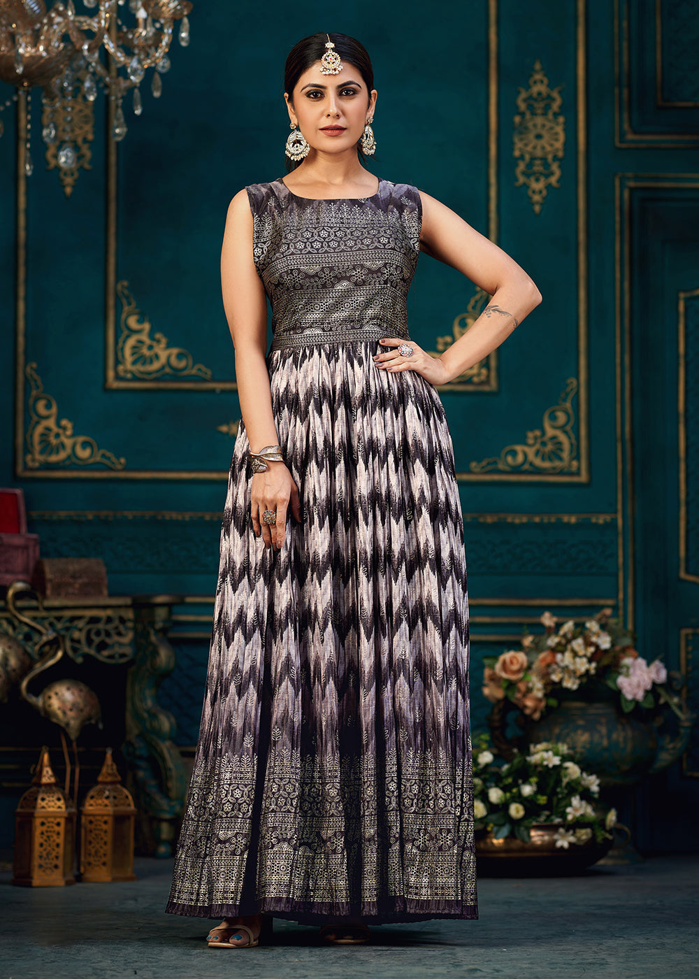 Buy Now Purple Multicolor Digital Foil Printed Ready to Wear Gown Online in USA, UK, Australia, New Zealand, Canada & Worldwide at Empress Clothing.