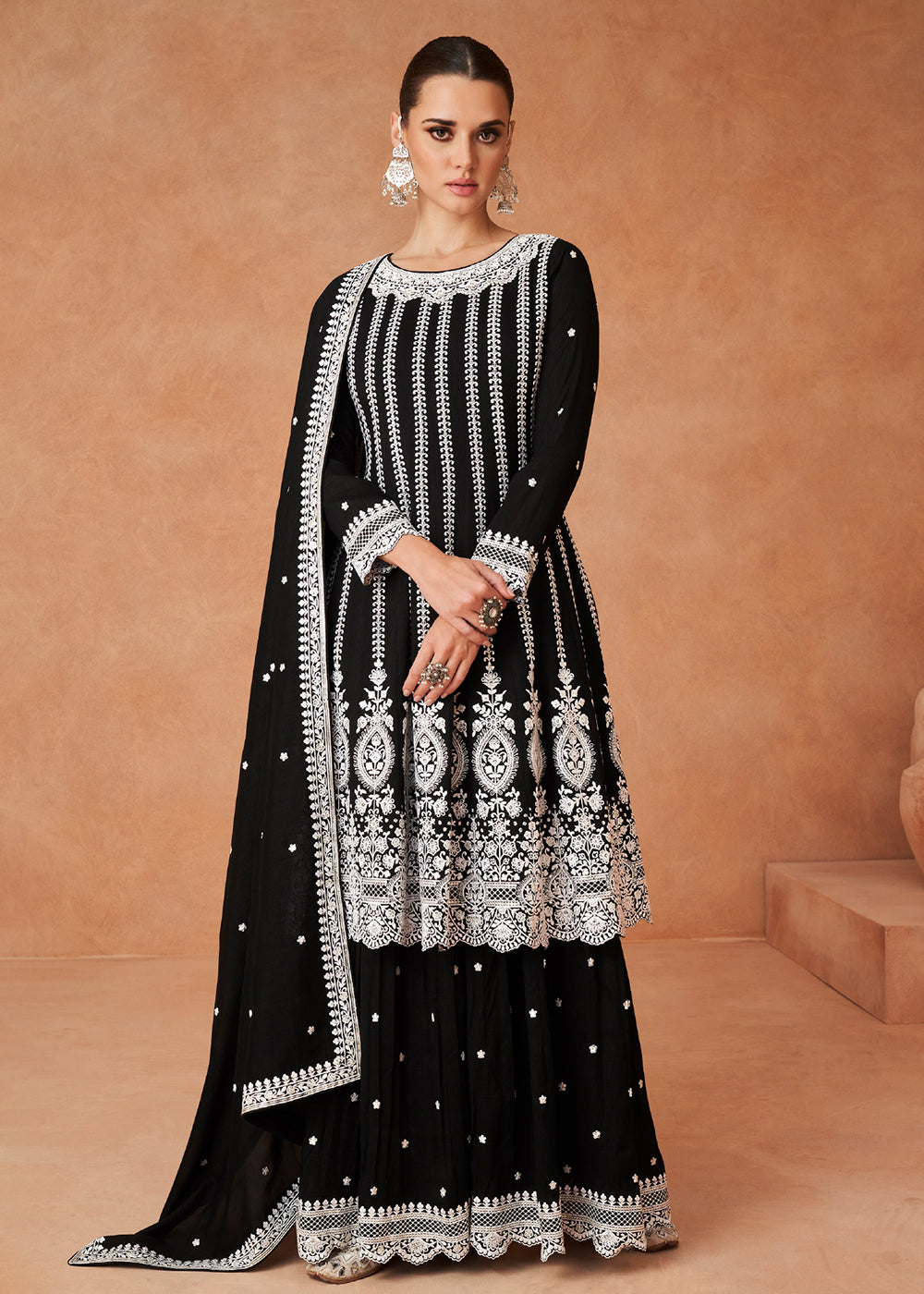 Shop Now Premium Silk Embroidered Black Festive Sharara Suit Online at Empress Clothing in USA, UK, Canada, Italy & Worldwide.