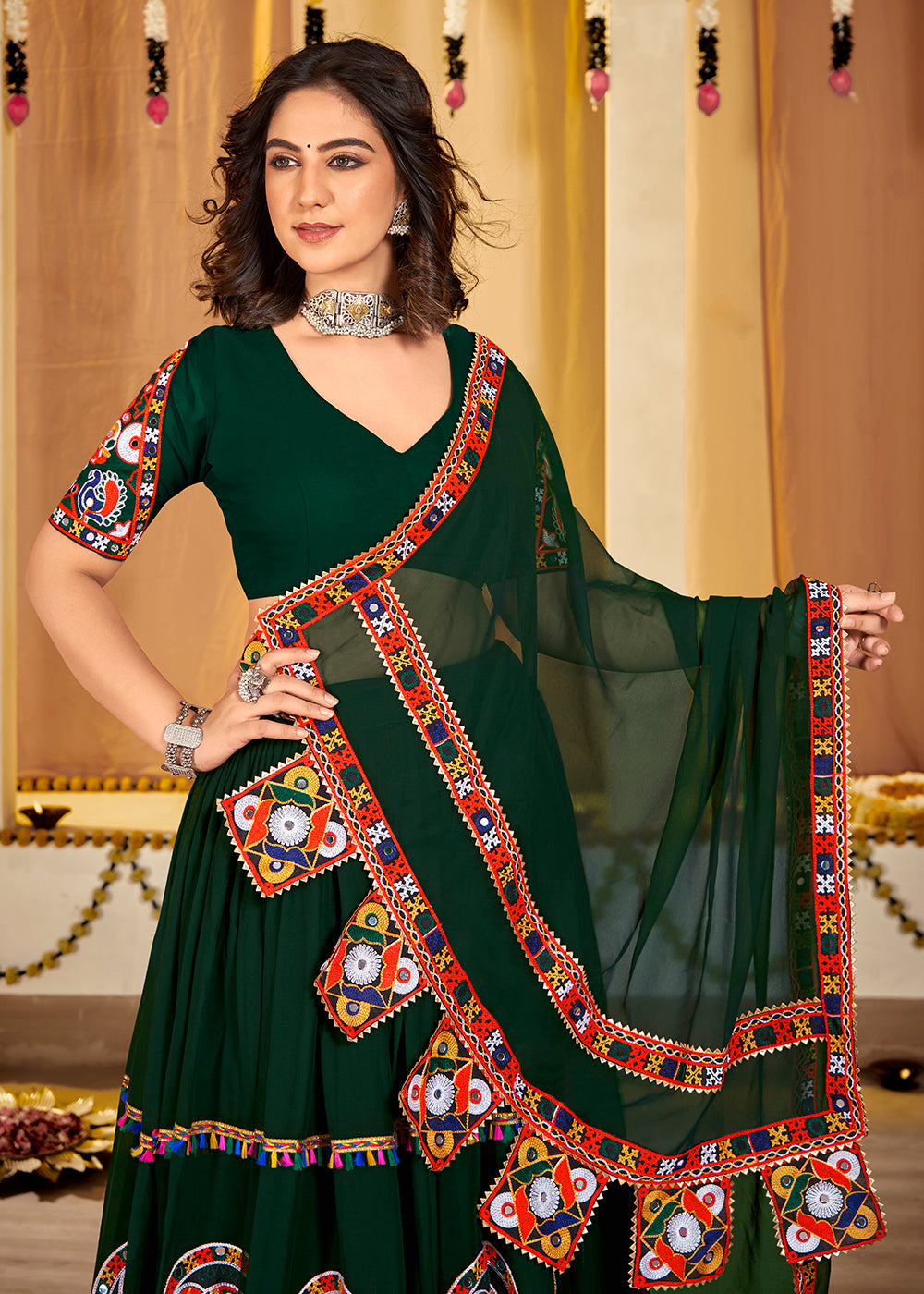 Buy Now Green Gamthi Work Georgette Navratri Special Chaniya Choli Online in USA, UK, Canada & Worldwide at Empress Clothing.
