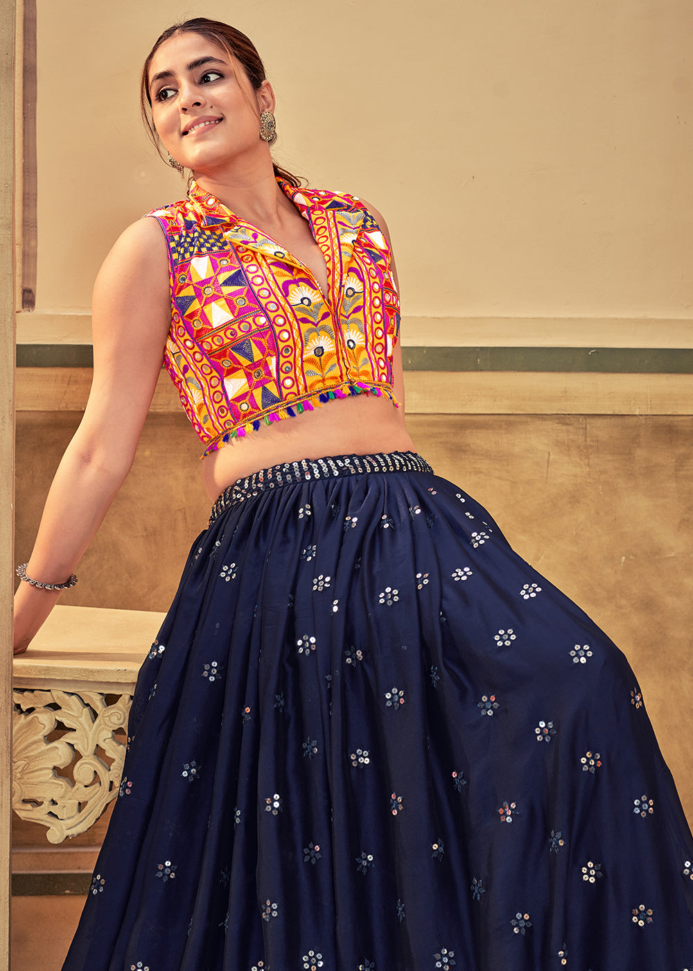 Buy Now Blue Gamthi Work Silk Navratri Special Chaniya Choli Online in USA, UK, Canada & Worldwide at Empress Clothing.