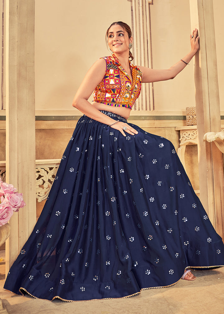 Buy Now Blue Gamthi Work Silk Navratri Special Chaniya Choli Online in USA, UK, Canada & Worldwide at Empress Clothing.