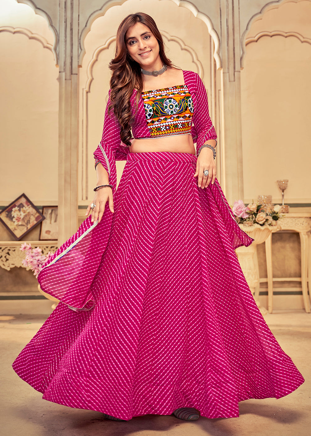 Buy Now Pink Gamthi Work Georgette Navratri Special Chaniya Choli Online in USA, UK, Canada & Worldwide at Empress Clothing.