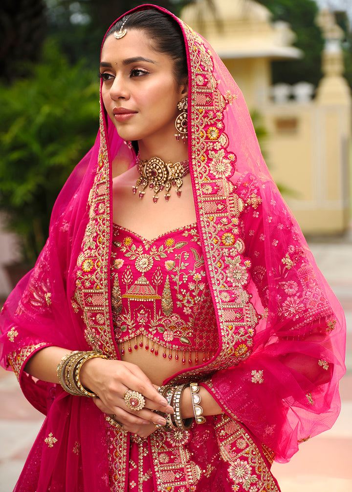 Buy Now Rani Pink Khatli Embroidered Silk Bridal Lehenga Choli Online in US, UK, Canada, France, Italy, Germany, Sweden, Denmark, Greece & Worldwide at Empress.