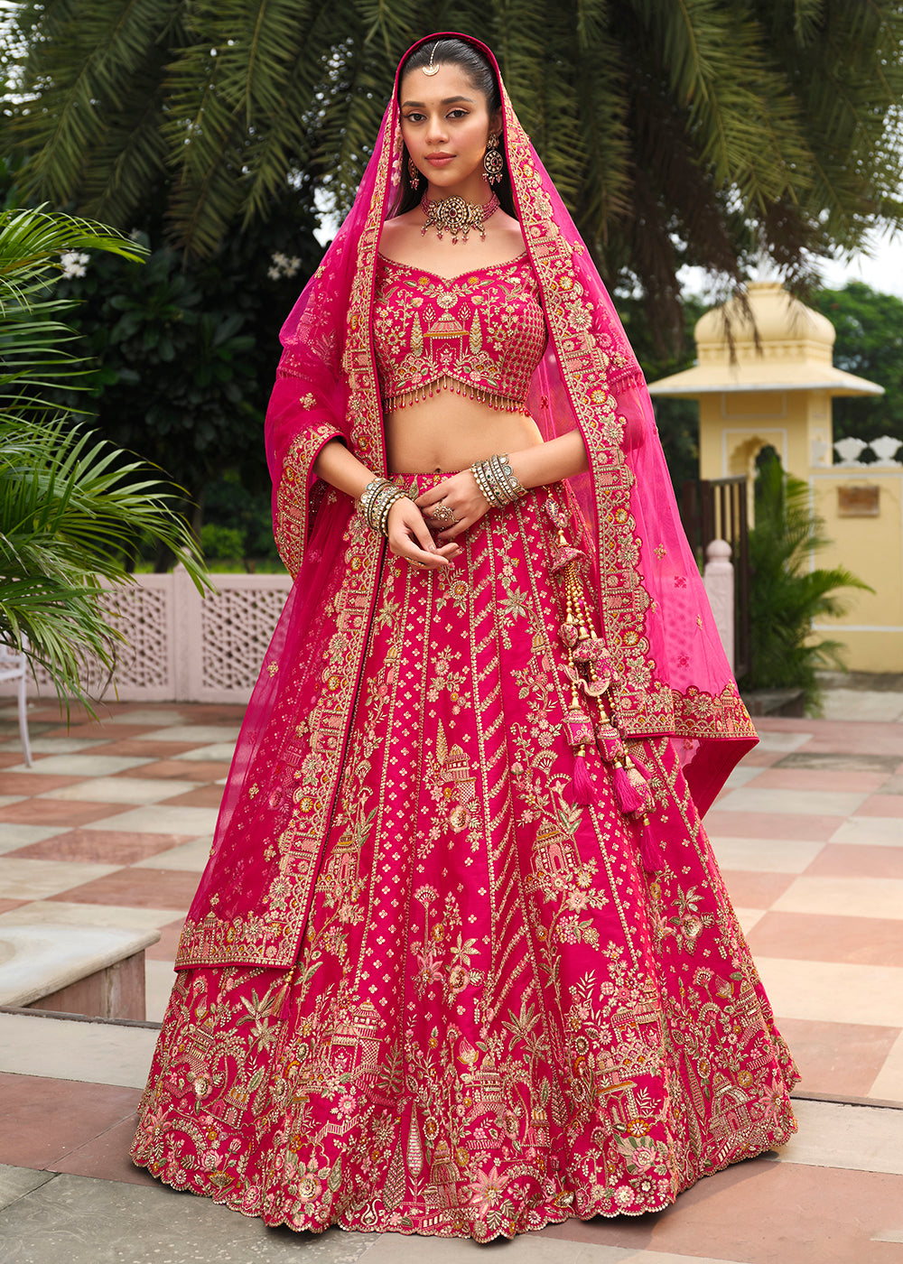 Buy Now Rani Pink Khatli Embroidered Silk Bridal Lehenga Choli Online in US, UK, Canada, France, Italy, Germany, Sweden, Denmark, Greece & Worldwide at Empress.