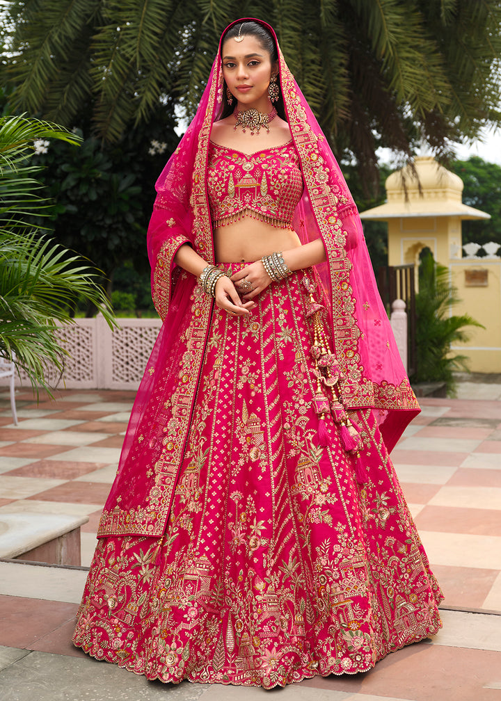 Buy Now Rani Pink Khatli Embroidered Silk Bridal Lehenga Choli Online in US, UK, Canada, France, Italy, Germany, Sweden, Denmark, Greece & Worldwide at Empress.