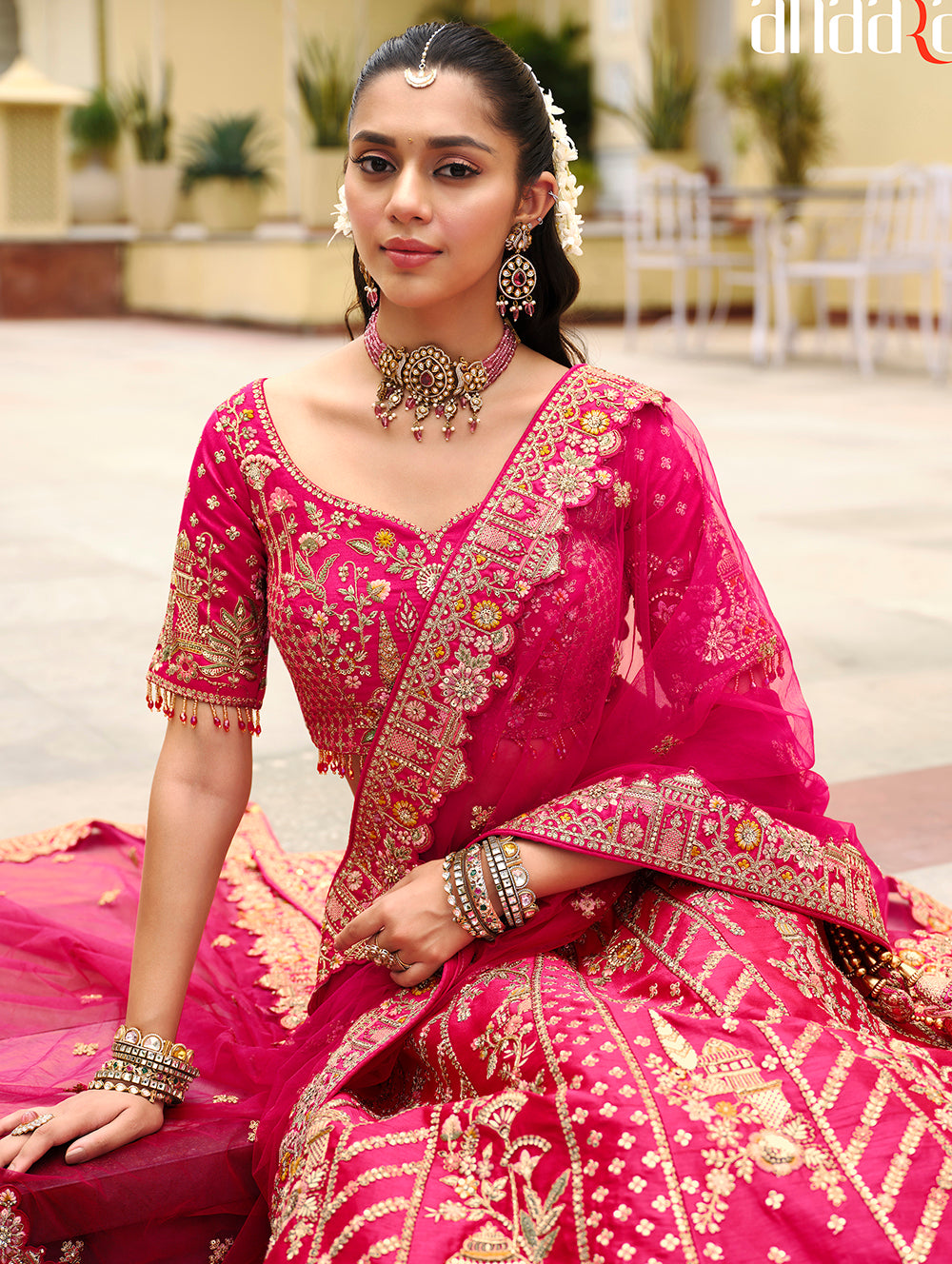 Buy Now Rani Pink Khatli Embroidered Silk Bridal Lehenga Choli Online in US, UK, Canada, France, Italy, Germany, Sweden, Denmark, Greece & Worldwide at Empress.