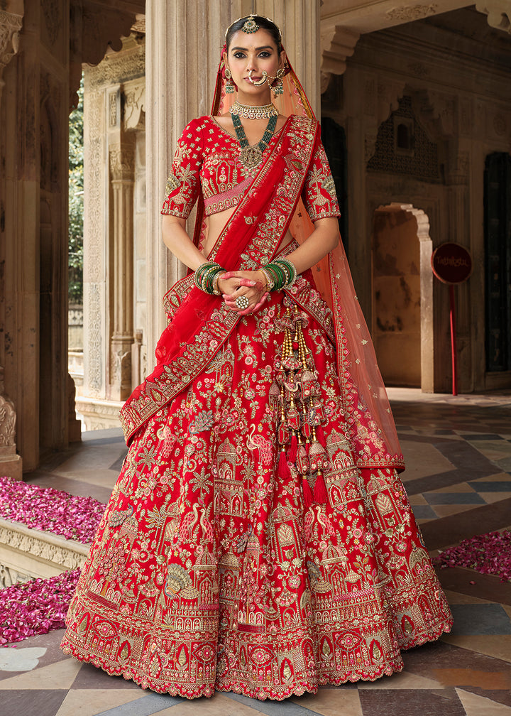 Buy Now Red Khatli Embroidered Silk Bridal Lehenga Choli Online in US, UK, Canada, France, Italy, Germany, Sweden, Denmark, Greece & Worldwide at Empress.
