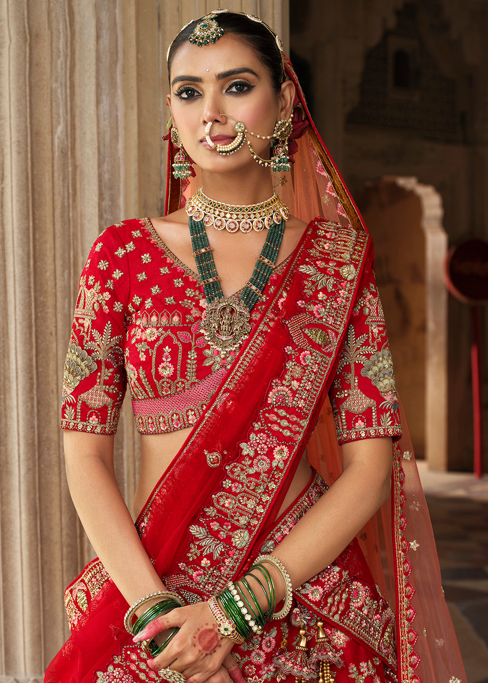 Buy Now Red Khatli Embroidered Silk Bridal Lehenga Choli Online in US, UK, Canada, France, Italy, Germany, Sweden, Denmark, Greece & Worldwide at Empress.