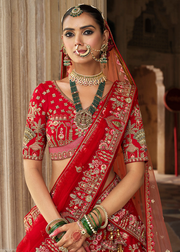 Buy Now Red Khatli Embroidered Silk Bridal Lehenga Choli Online in US, UK, Canada, France, Italy, Germany, Sweden, Denmark, Greece & Worldwide at Empress.