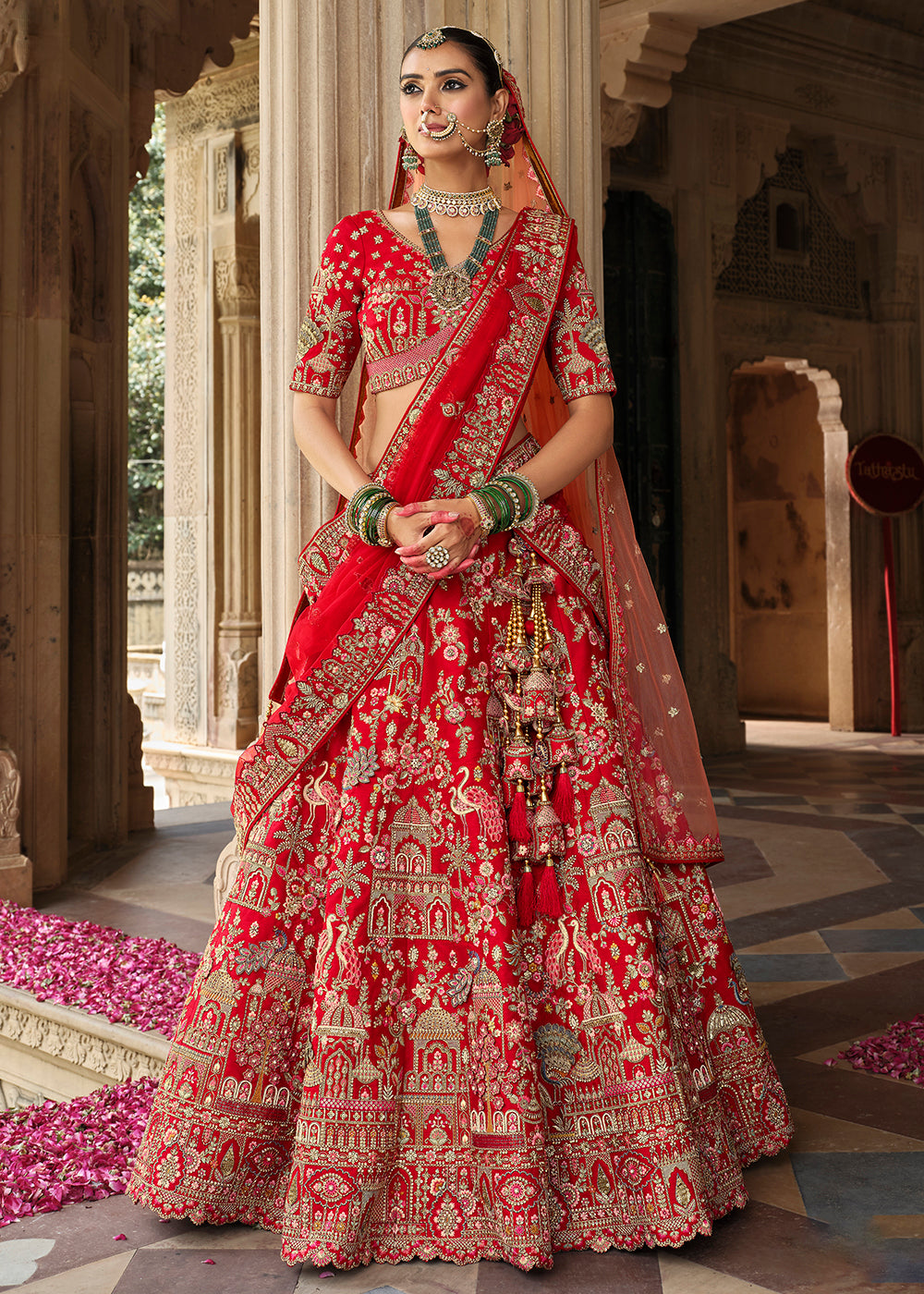 Buy Now Red Khatli Embroidered Silk Bridal Lehenga Choli Online in US, UK, Canada, France, Italy, Germany, Sweden, Denmark, Greece & Worldwide at Empress.