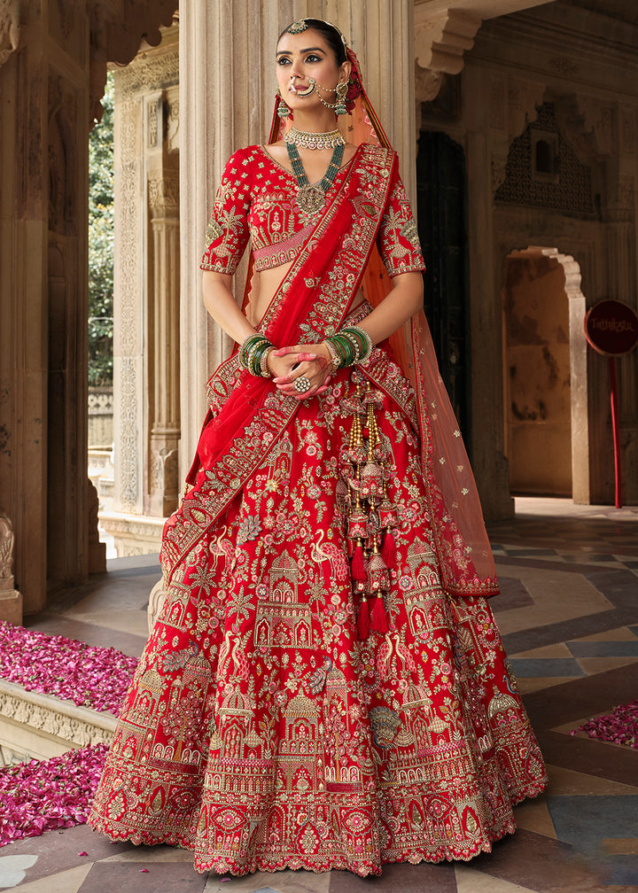 Buy Now Red Khatli Embroidered Silk Bridal Lehenga Choli Online in US, UK, Canada, France, Italy, Germany, Sweden, Denmark, Greece & Worldwide at Empress.