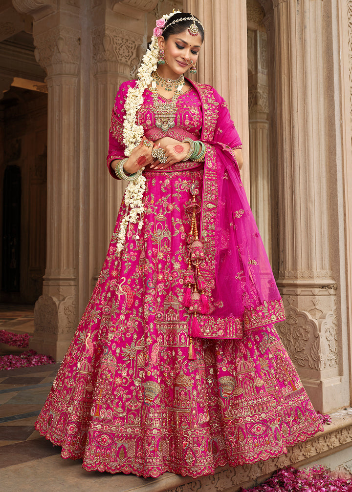 Buy Now Pink Khatli Embroidered Silk Bridal Lehenga Choli Online in US, UK, Canada, France, Italy, Germany, Sweden, Denmark, Greece & Worldwide at Empress.