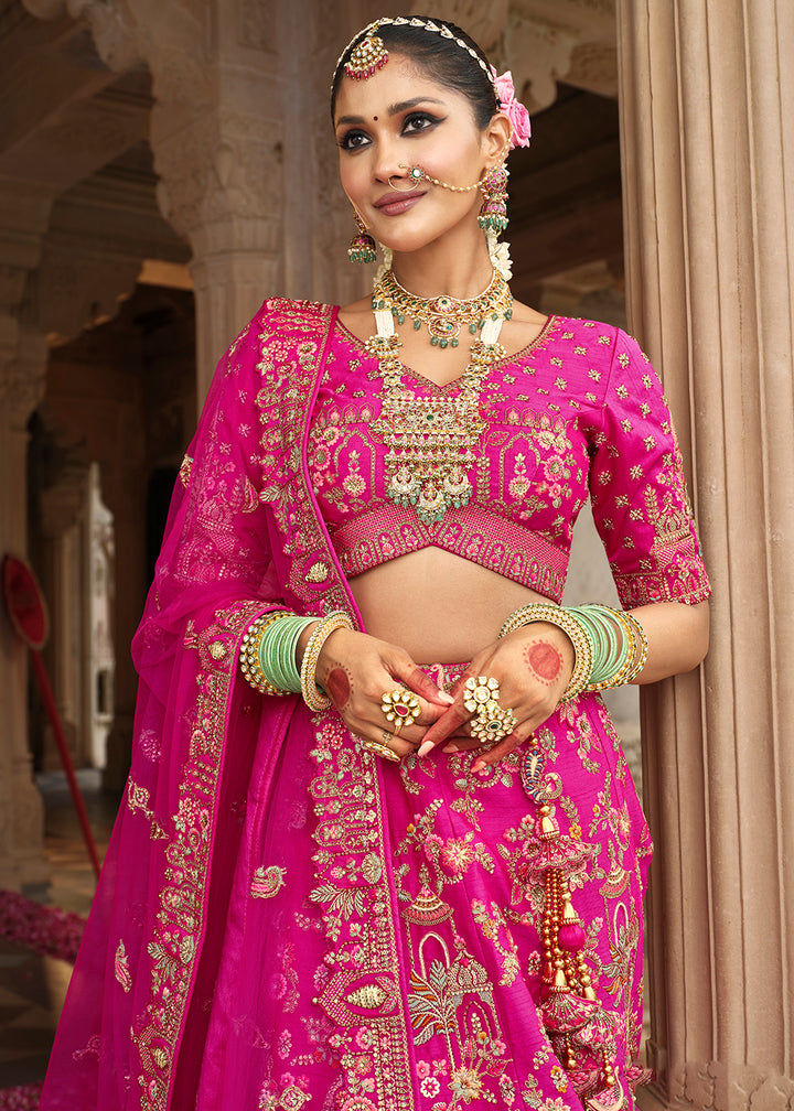 Buy Now Pink Khatli Embroidered Silk Bridal Lehenga Choli Online in US, UK, Canada, France, Italy, Germany, Sweden, Denmark, Greece & Worldwide at Empress.