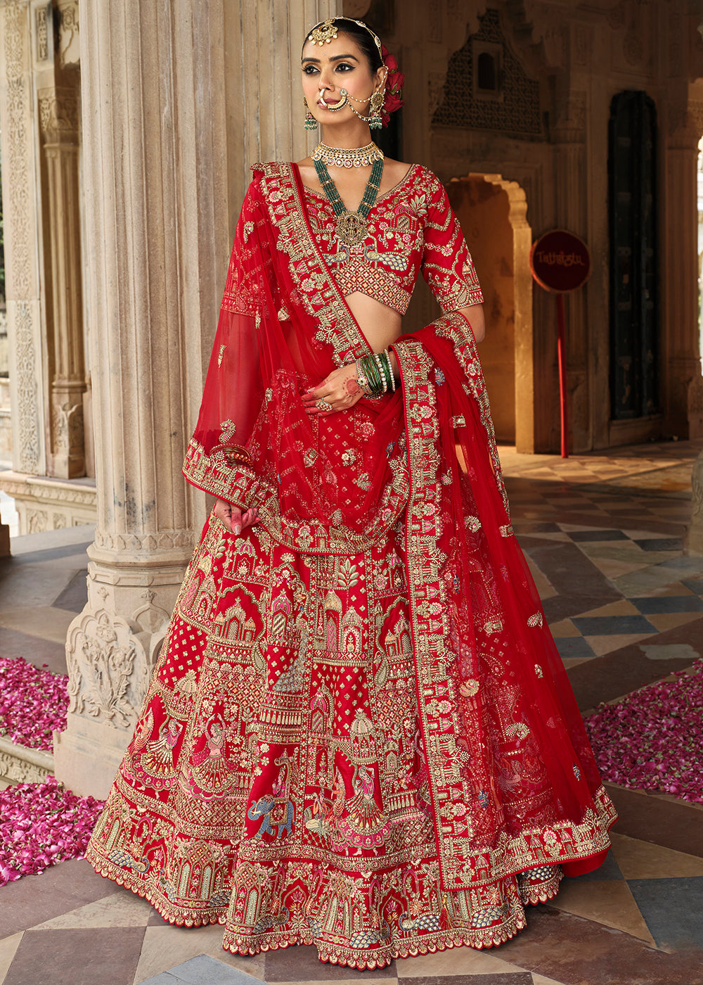 Buy Now Hot Red Khatli Embroidered Silk Bridal Lehenga Choli Online in US, UK, Canada, France, Italy, Germany, Sweden, Denmark, Greece & Worldwide at Empress.