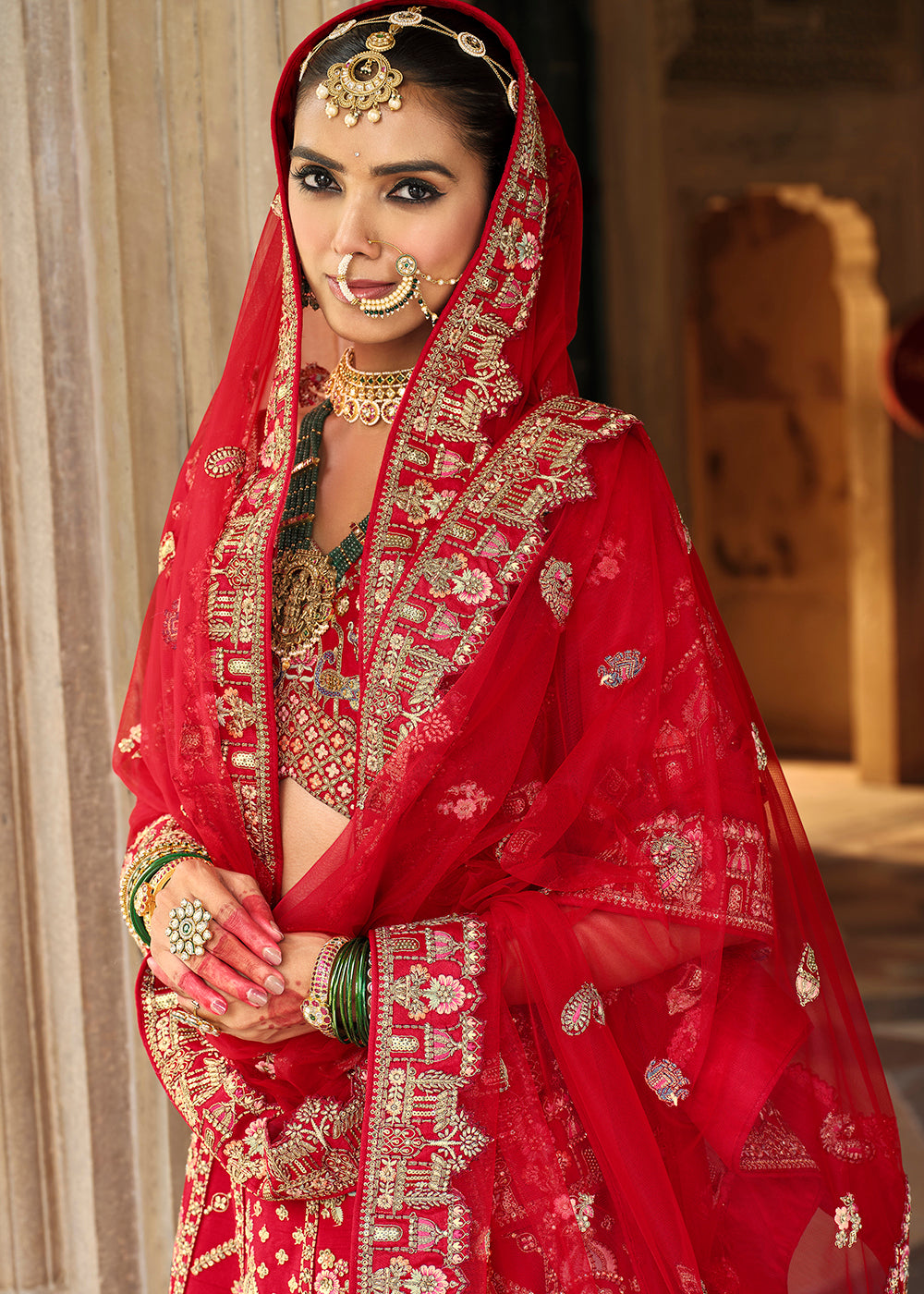Buy Now Hot Red Khatli Embroidered Silk Bridal Lehenga Choli Online in US, UK, Canada, France, Italy, Germany, Sweden, Denmark, Greece & Worldwide at Empress.