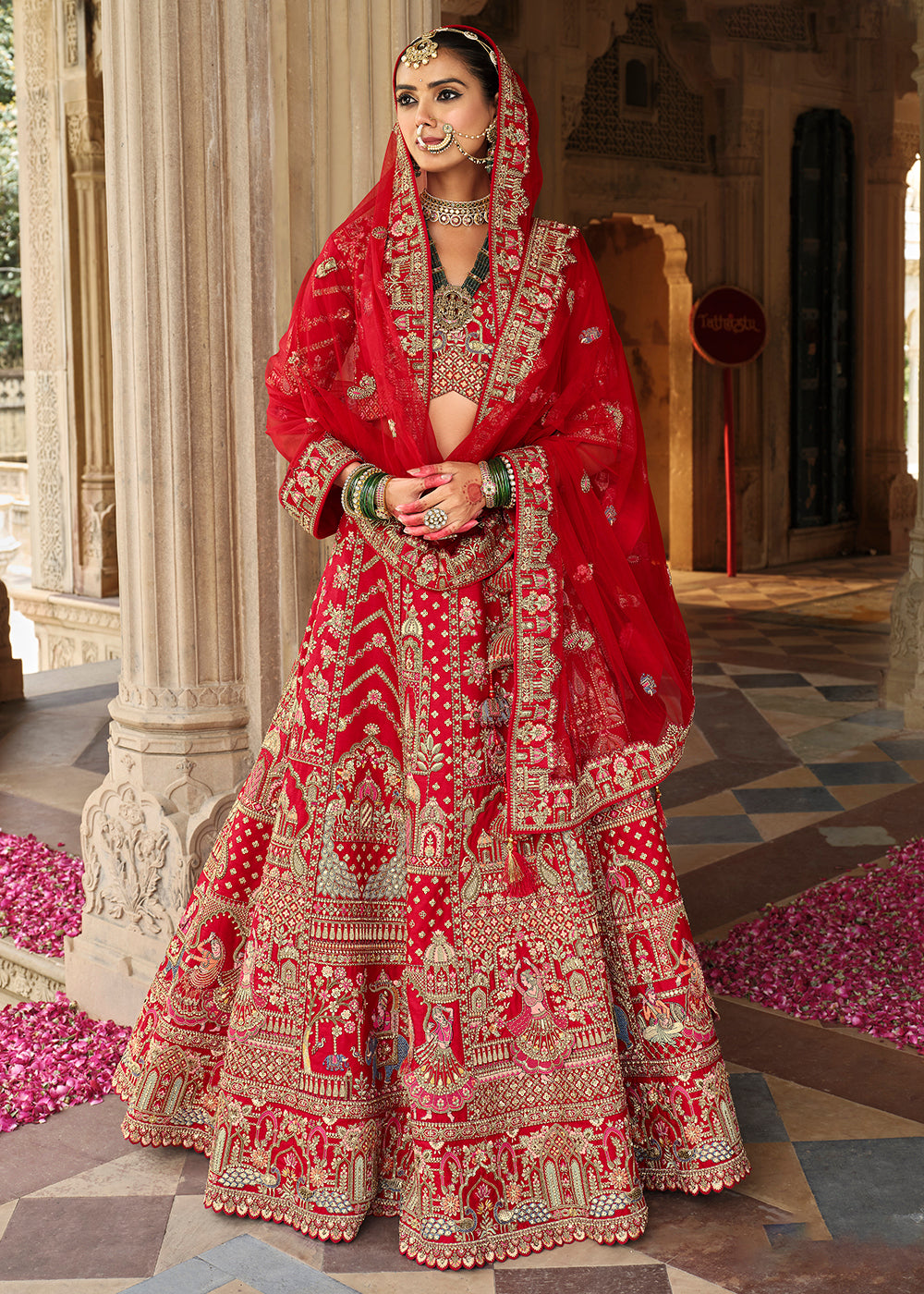 Buy Now Hot Red Khatli Embroidered Silk Bridal Lehenga Choli Online in US, UK, Canada, France, Italy, Germany, Sweden, Denmark, Greece & Worldwide at Empress.