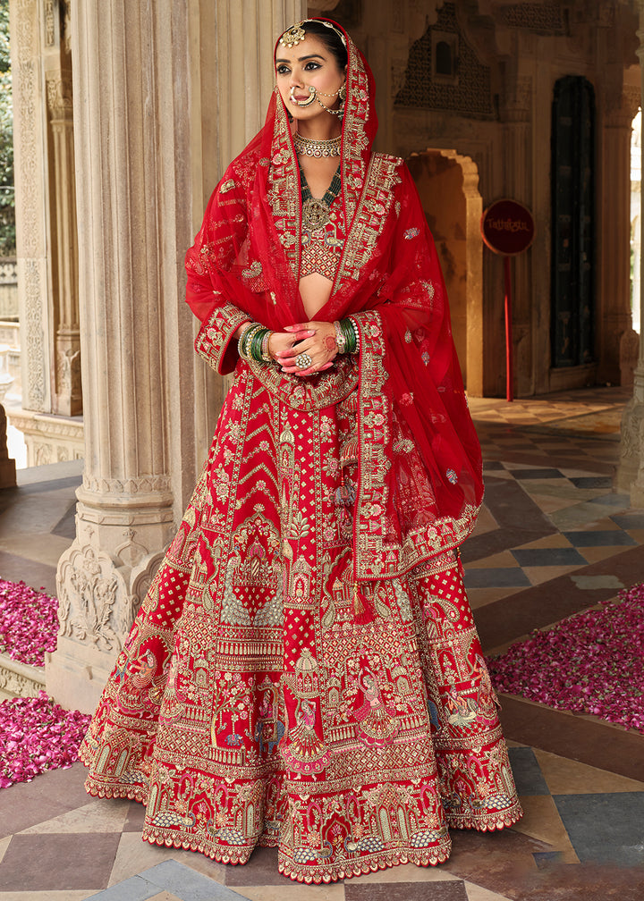 Buy Now Hot Red Khatli Embroidered Silk Bridal Lehenga Choli Online in US, UK, Canada, France, Italy, Germany, Sweden, Denmark, Greece & Worldwide at Empress.