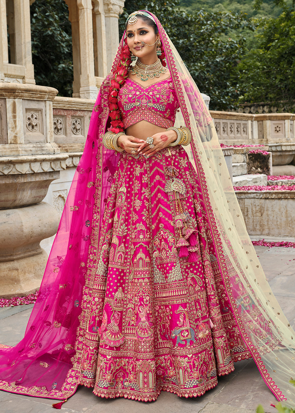 Buy Now Hot Pink Khatli Embroidered Silk Bridal Lehenga Choli Online in US, UK, Canada, France, Italy, Germany, Sweden, Denmark, Greece & Worldwide at Empress.