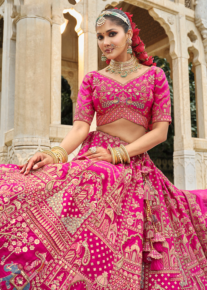 Buy Now Hot Pink Khatli Embroidered Silk Bridal Lehenga Choli Online in US, UK, Canada, France, Italy, Germany, Sweden, Denmark, Greece & Worldwide at Empress.