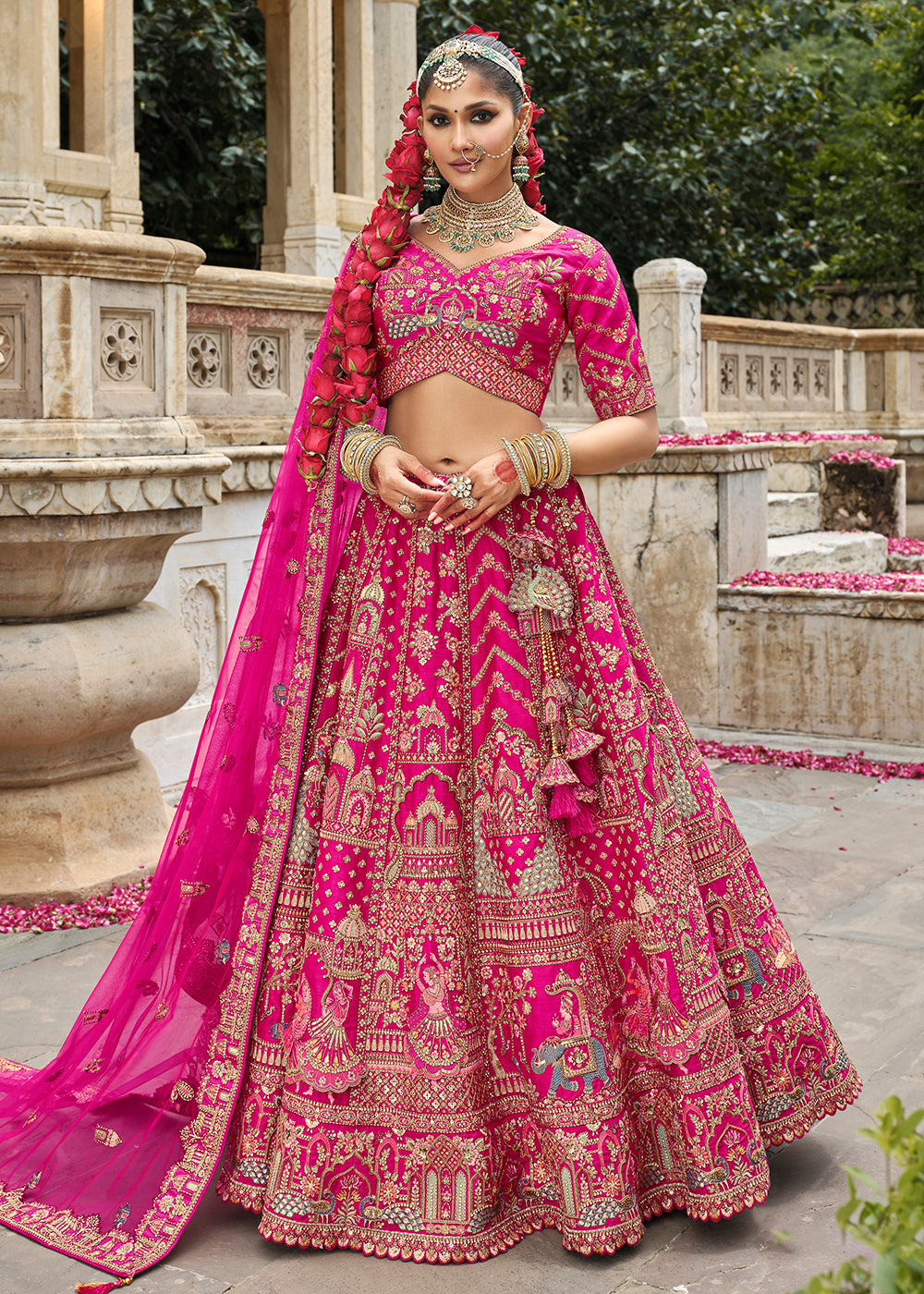Buy Now Hot Pink Khatli Embroidered Silk Bridal Lehenga Choli Online in US, UK, Canada, France, Italy, Germany, Sweden, Denmark, Greece & Worldwide at Empress.