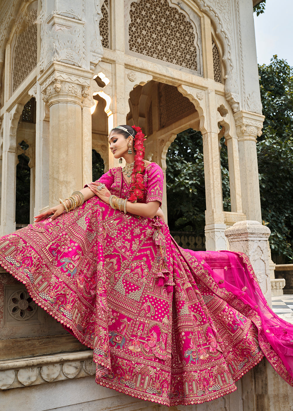 Buy Now Hot Pink Khatli Embroidered Silk Bridal Lehenga Choli Online in US, UK, Canada, France, Italy, Germany, Sweden, Denmark, Greece & Worldwide at Empress.
