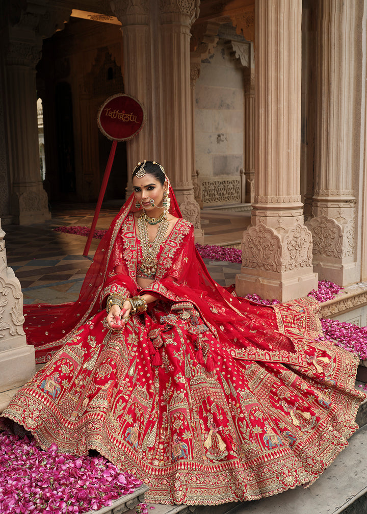 Buy Now Rani Red Khatli Embroidered Silk Bridal Lehenga Choli Online in US, UK, Canada, France, Italy, Germany, Sweden, Denmark, Greece & Worldwide at Empress.