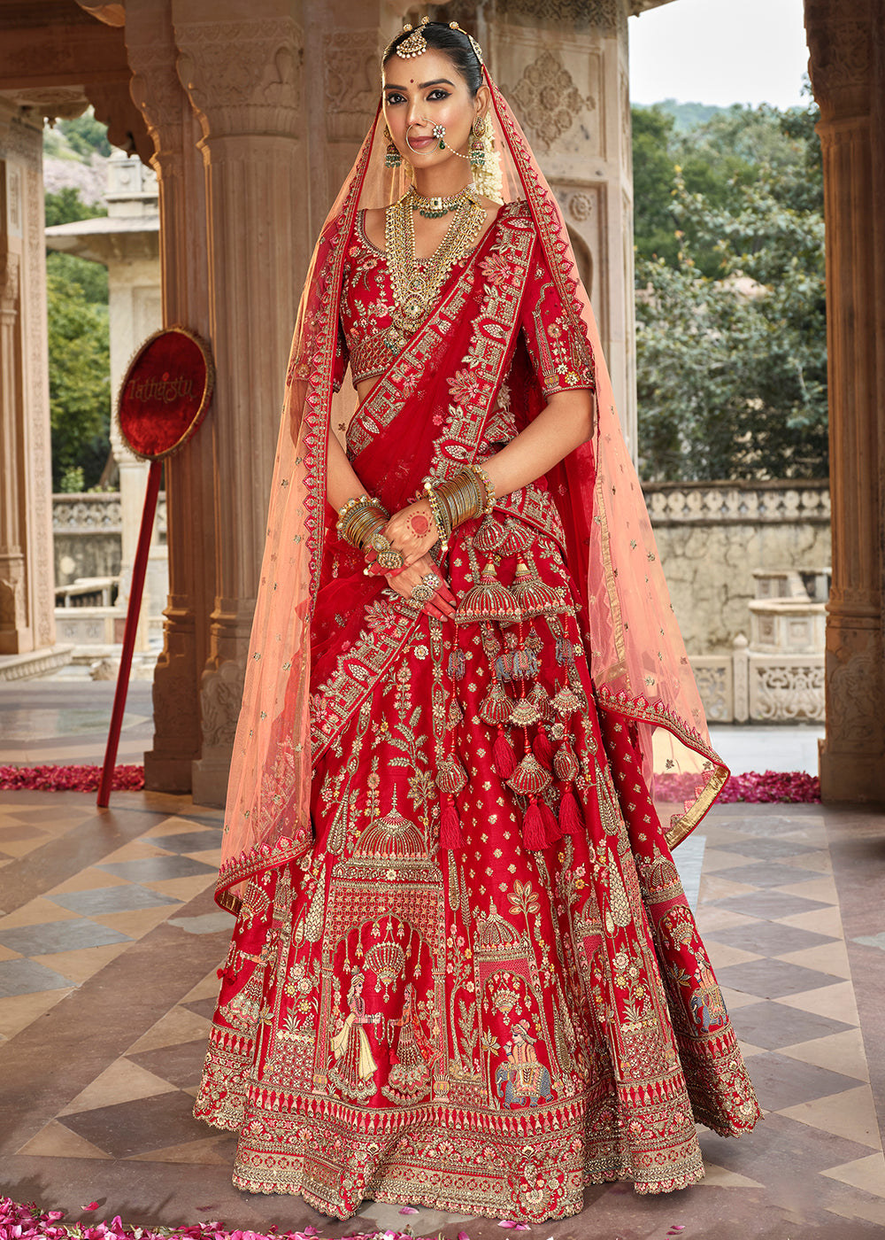 Buy Now Rani Red Khatli Embroidered Silk Bridal Lehenga Choli Online in US, UK, Canada, France, Italy, Germany, Sweden, Denmark, Greece & Worldwide at Empress.
