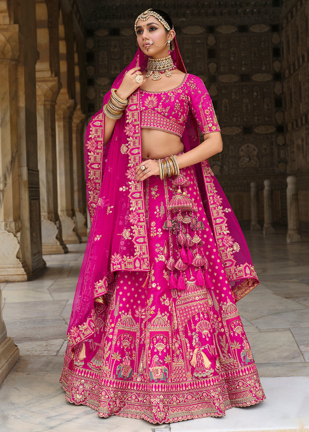 Buy Now Khatli Embroidered Rani Pink Silk Bridal Lehenga Choli Online in US, UK, Canada, France, Italy, Germany, Sweden, Denmark, Greece & Worldwide at Empress.