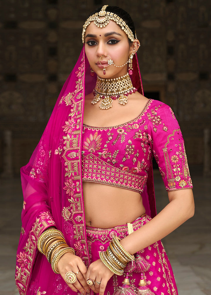 Buy Now Khatli Embroidered Rani Pink Silk Bridal Lehenga Choli Online in US, UK, Canada, France, Italy, Germany, Sweden, Denmark, Greece & Worldwide at Empress.