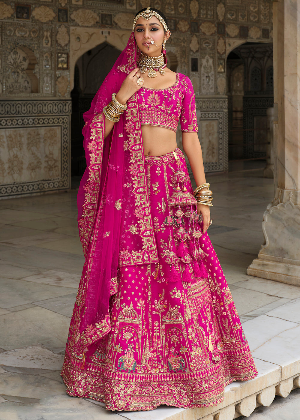 Khatli Embroidered Rani Pink Silk Bridal Lehenag Choli