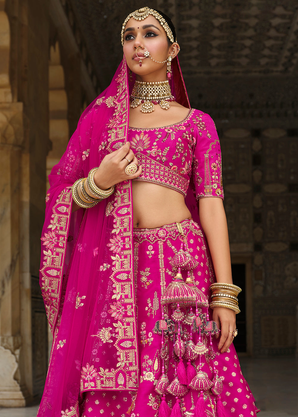 Buy Now Khatli Embroidered Rani Pink Silk Bridal Lehenga Choli Online in US, UK, Canada, France, Italy, Germany, Sweden, Denmark, Greece & Worldwide at Empress.