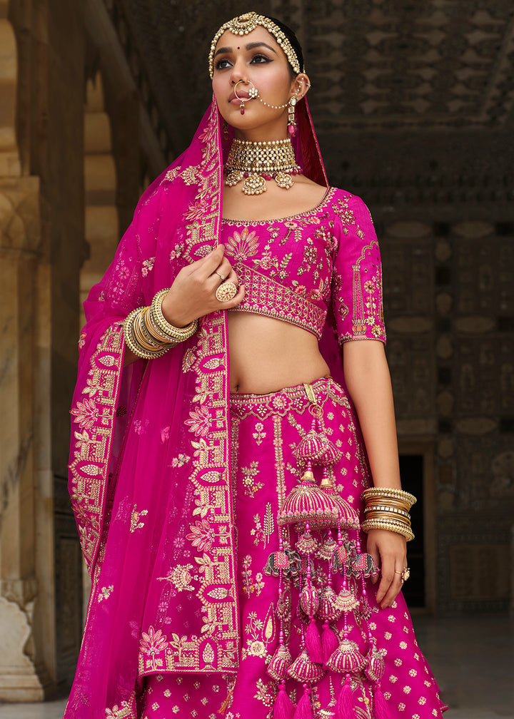 Buy Now Khatli Embroidered Rani Pink Silk Bridal Lehenga Choli Online in US, UK, Canada, France, Italy, Germany, Sweden, Denmark, Greece & Worldwide at Empress.