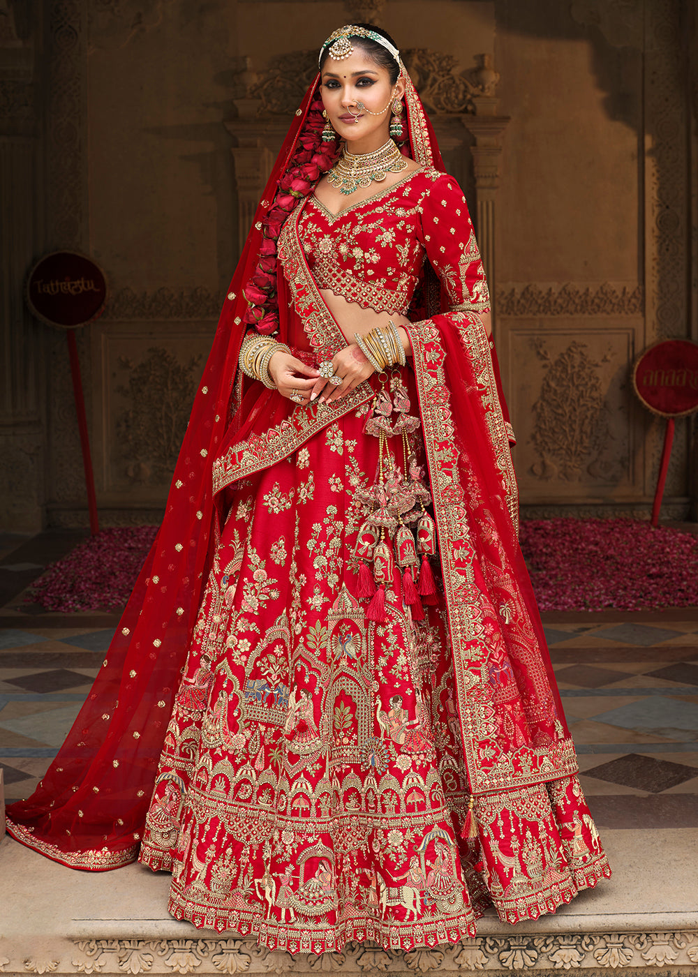 Buy Now Khatli Embroidered Bright Red Silk Bridal Lehenga Choli Online in US, UK, Canada, France, Italy, Germany, Sweden, Denmark, Greece & Worldwide at Empress.