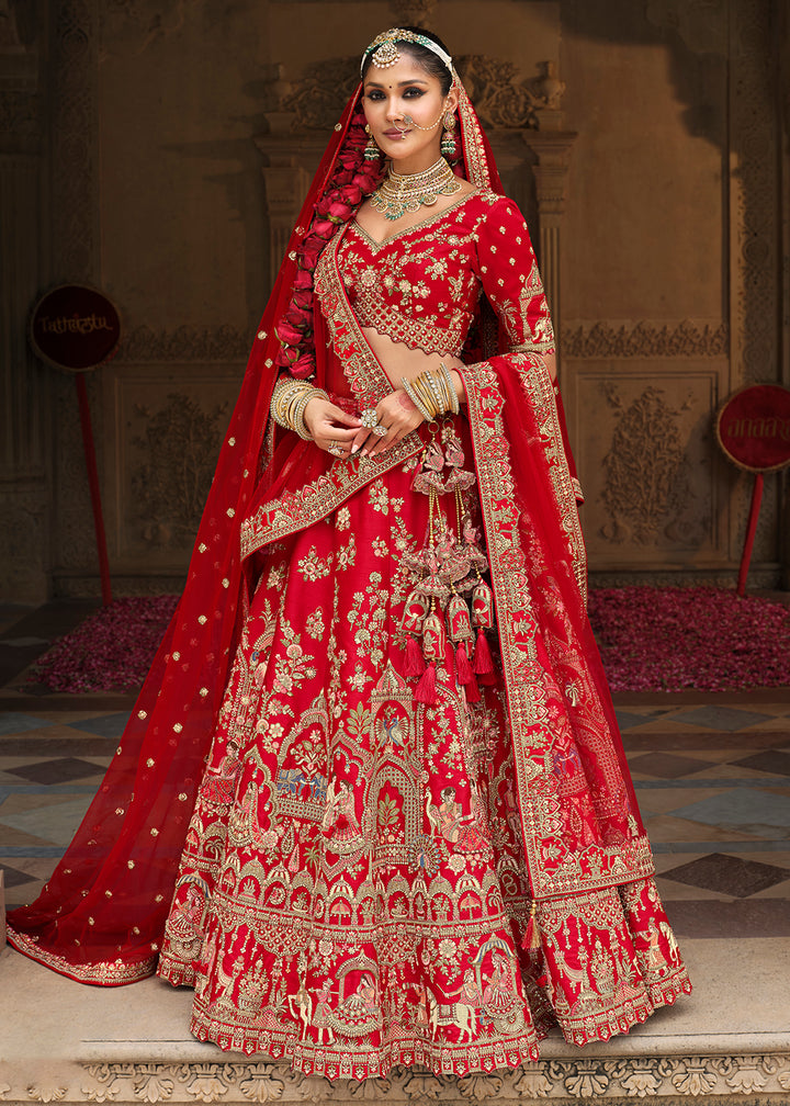 Buy Now Khatli Embroidered Bright Red Silk Bridal Lehenga Choli Online in US, UK, Canada, France, Italy, Germany, Sweden, Denmark, Greece & Worldwide at Empress.