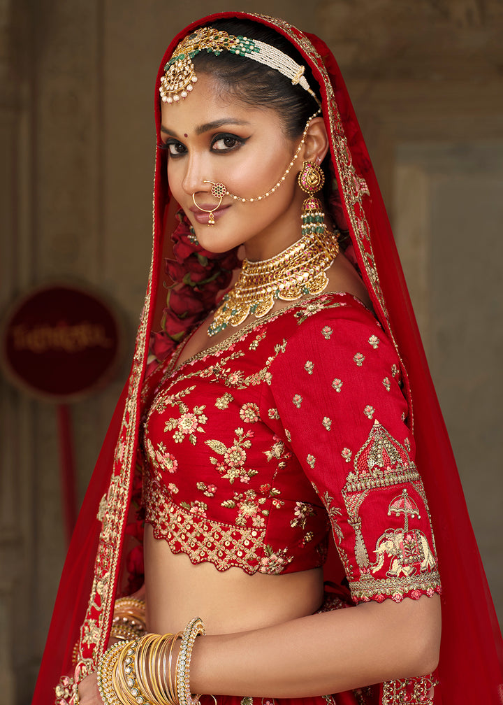 Buy Now Khatli Embroidered Bright Red Silk Bridal Lehenga Choli Online in US, UK, Canada, France, Italy, Germany, Sweden, Denmark, Greece & Worldwide at Empress.