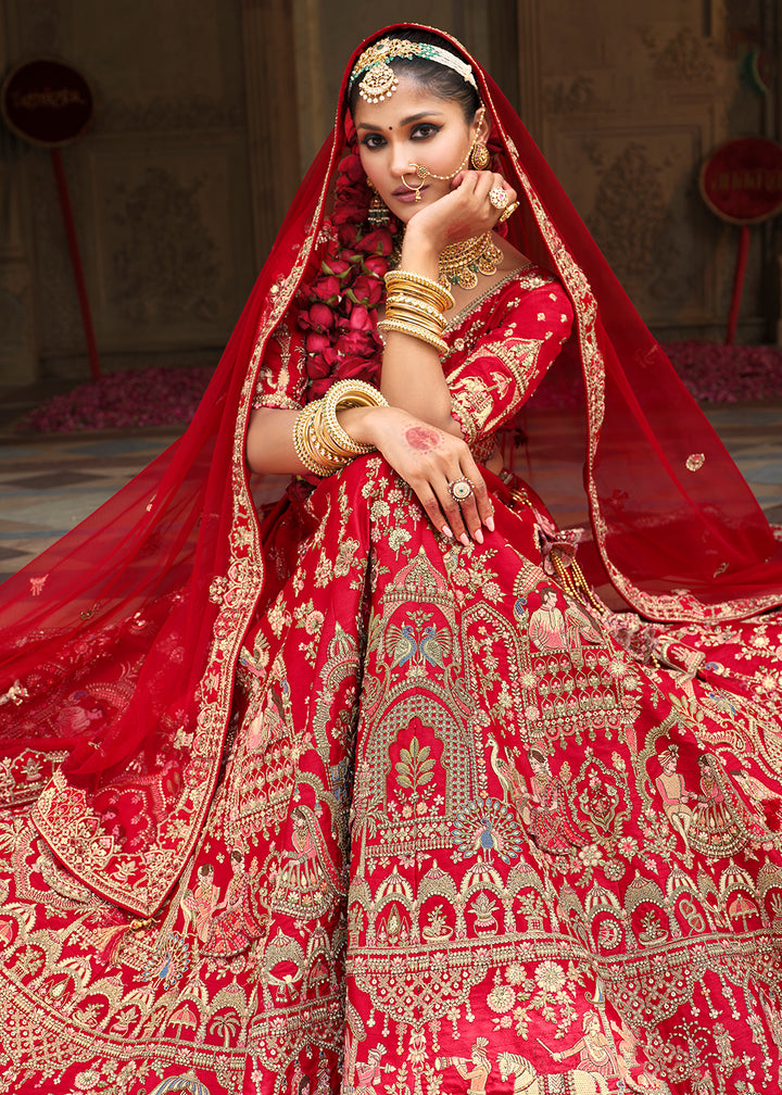 Buy Now Khatli Embroidered Bright Red Silk Bridal Lehenga Choli Online in US, UK, Canada, France, Italy, Germany, Sweden, Denmark, Greece & Worldwide at Empress.