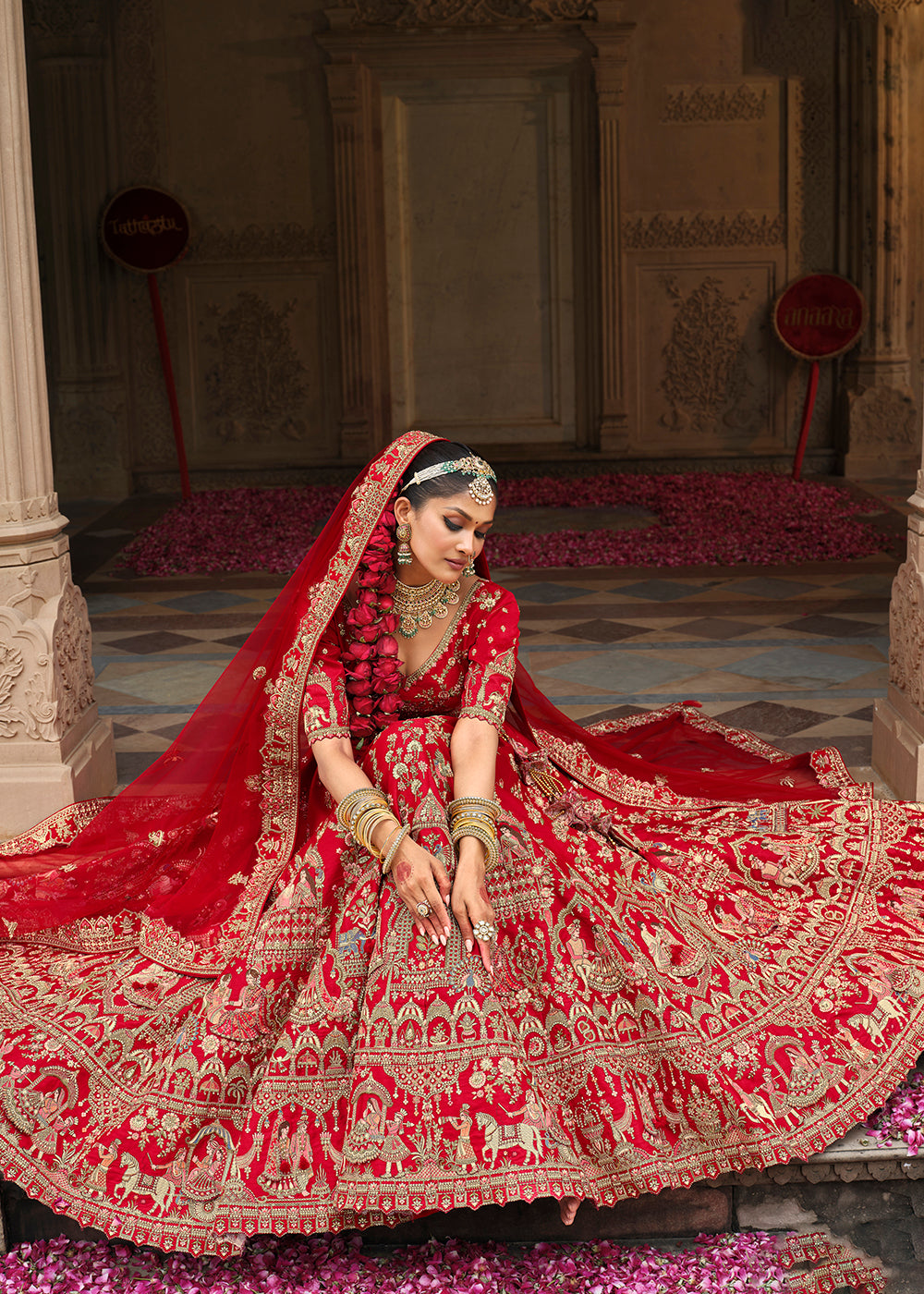 Buy Now Khatli Embroidered Bright Red Silk Bridal Lehenga Choli Online in US, UK, Canada, France, Italy, Germany, Sweden, Denmark, Greece & Worldwide at Empress.