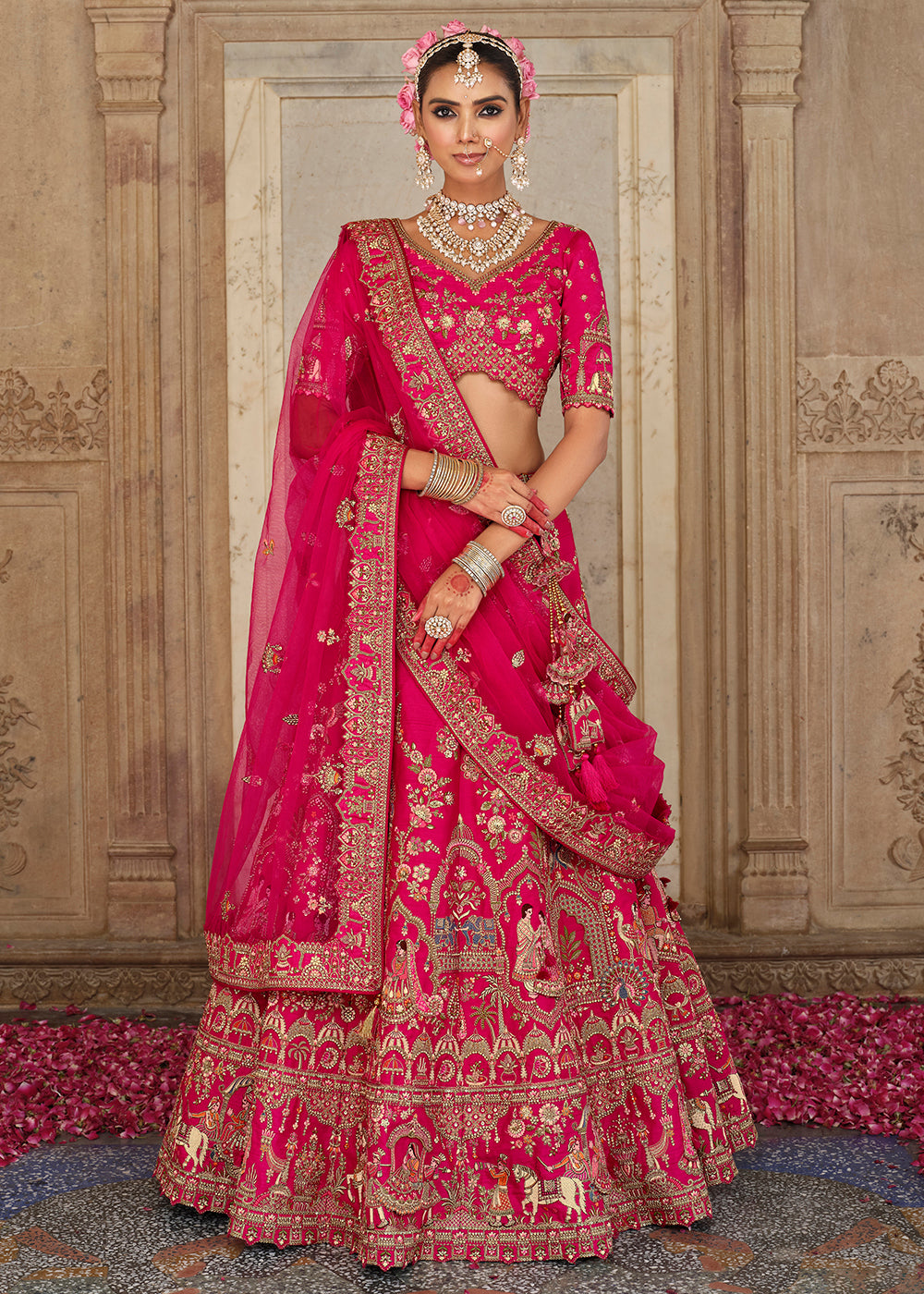 Buy Now Khatli Embroidered Hot Pink Silk Bridal Lehenga Choli Online in US, UK, Canada, France, Italy, Germany, Sweden, Denmark, Greece & Worldwide at Empress