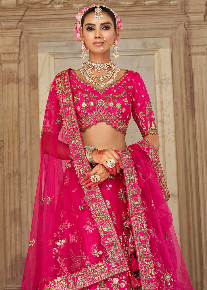 Buy Now Khatli Embroidered Hot Pink Silk Bridal Lehenga Choli Online in US, UK, Canada, France, Italy, Germany, Sweden, Denmark, Greece & Worldwide at Empress