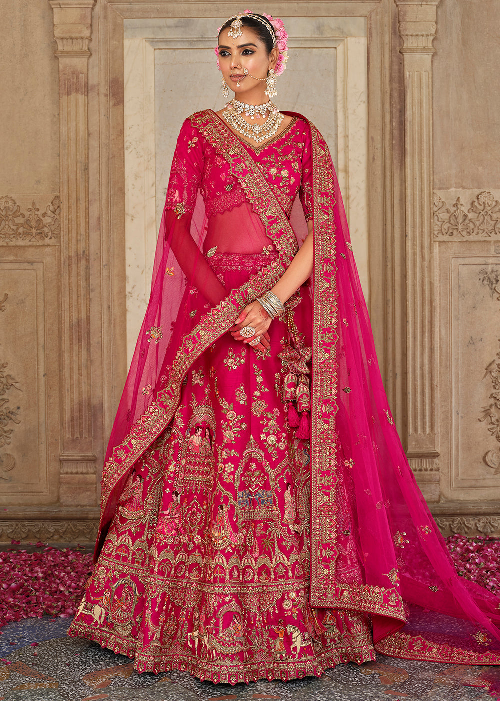 Buy Now Khatli Embroidered Hot Pink Silk Bridal Lehenga Choli Online in US, UK, Canada, France, Italy, Germany, Sweden, Denmark, Greece & Worldwide at Empress