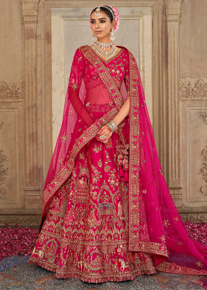 Buy Now Khatli Embroidered Hot Pink Silk Bridal Lehenga Choli Online in US, UK, Canada, France, Italy, Germany, Sweden, Denmark, Greece & Worldwide at Empress