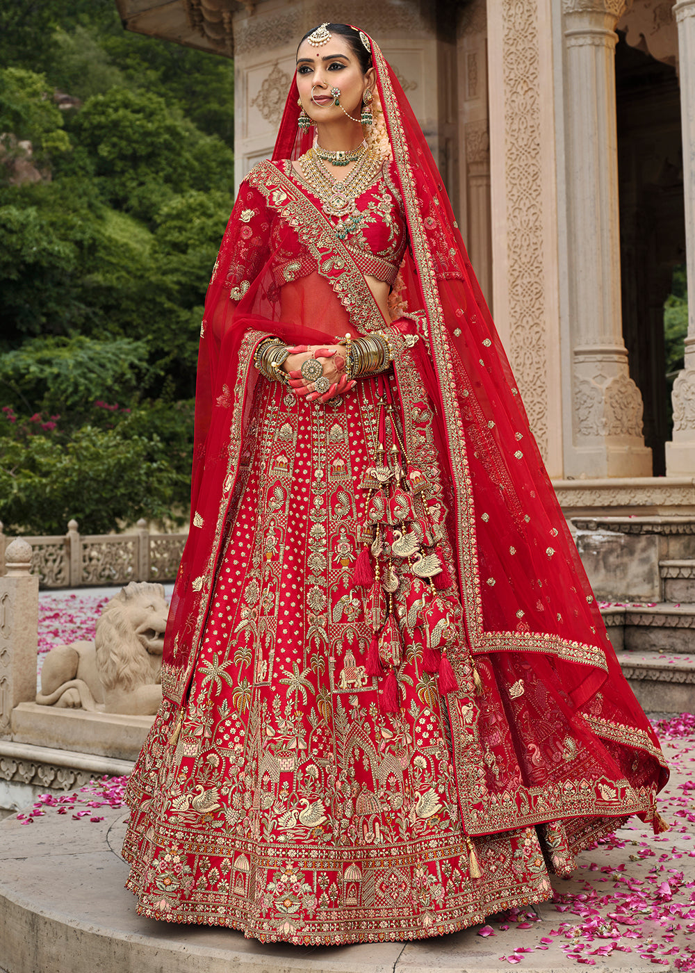 Buy Now Khatli Embroidered Red Silk Bridal Lehenga Choli Online in US, UK, Canada, France, Italy, Germany, Sweden, Denmark, Greece & Worldwide at Empress