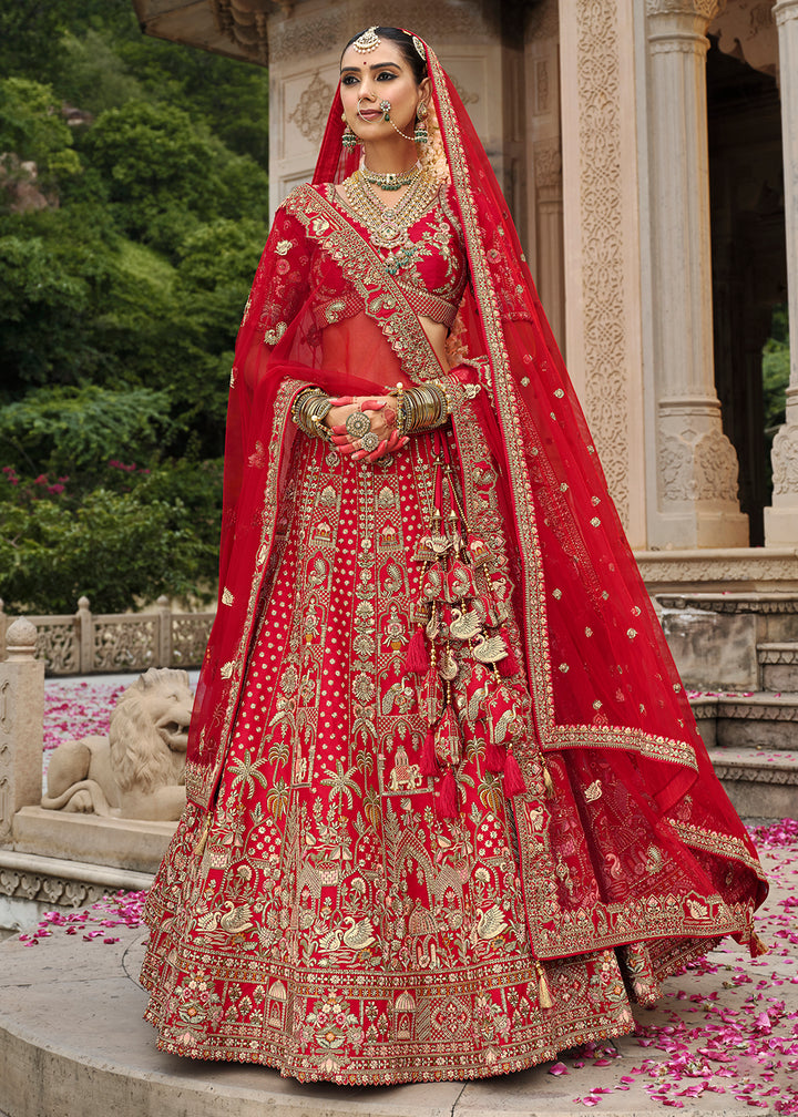 Buy Now Khatli Embroidered Red Silk Bridal Lehenga Choli Online in US, UK, Canada, France, Italy, Germany, Sweden, Denmark, Greece & Worldwide at Empress