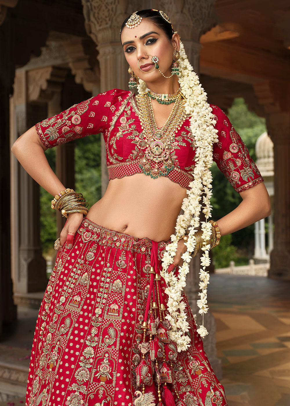 Buy Now Khatli Embroidered Red Silk Bridal Lehenga Choli Online in US, UK, Canada, France, Italy, Germany, Sweden, Denmark, Greece & Worldwide at Empress